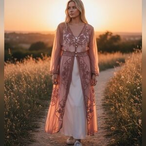 Miss Me Dusty Rose & Ivory Embroidered Sheer Duster Kimono